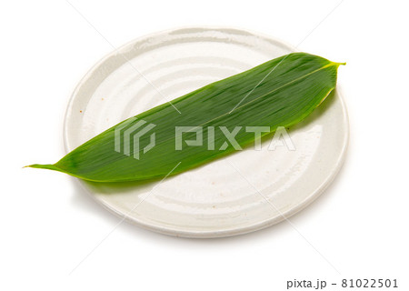 料理、食物等の背景用の笹を乗せた皿 料理、食物等の背景用の笹を乗せた皿 81022501