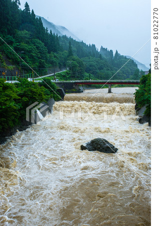 大雨で増水した川 81022770