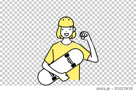 スケボーを抱いてガッツポーズをとる笑顔の女の子のスケーターの線画 81023638
