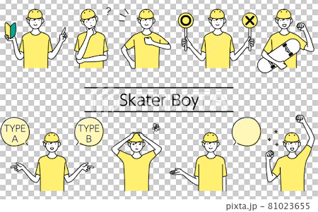 Line drawing set of various poses of boy skater 81023655