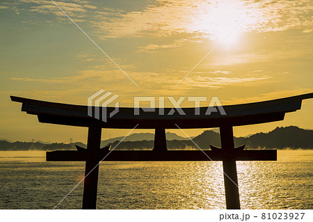 広島県三原市 鳥居越しの海霧流れる瀬戸内 広島県三原市 鳥居越しの海霧流れる瀬戸内 81023927