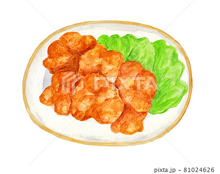 鶏の唐揚げ皿付きの水彩イラストのイラスト素材