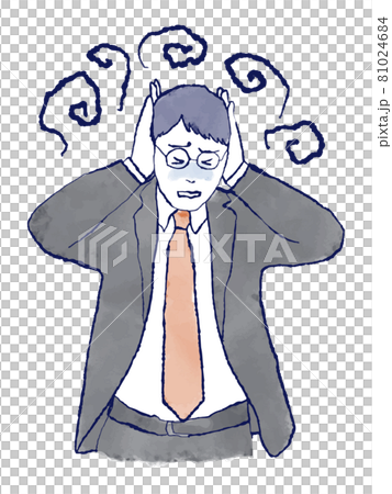 耳を塞ぐビジネスマンのイラスト　パニック　耳鳴り　情報過多　シャットダウン　スーツ　手描き　水彩 81024684