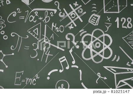 Background with inscriptions from the school course. Formulas are written on a chalk board. Learning 81025147