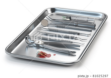 Dentist tools for dental care and extracted tooth with blood. 81025297
