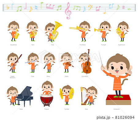 クラシック音楽演奏に関するさるの女の子のセットのイラスト素材