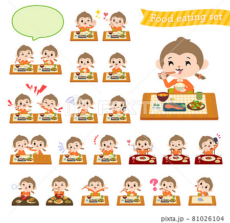食事に関するさるの女の子のセット 81026104