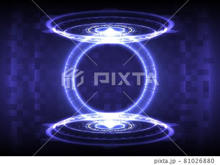 Portal and hologram science futuristic. Sci-fi digital hi-tech in glowing HUD projector element. Magic gate in game fantasy. Teleport podium. GUI and UI virtual reality interface 81026880
