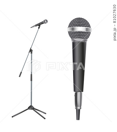 Stand with modern microphone on white background Stand with modern microphone on white background 81027630