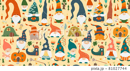 Garden gnomes family. Fairytale characters. Seamless pattern background Garden gnomes family. Fairytale characters. Seamless pattern background 81027744