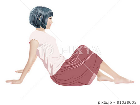 膝を立て後ろに手をついて座る女性のイラスト素材
