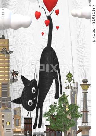 ネコのカーテンイラスト縦 81031137