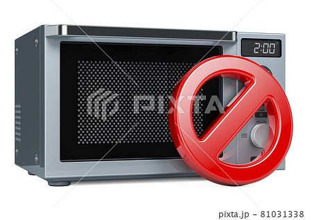 Prohibition symbol with microwave oven. 3D rendering 81031338