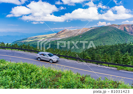 (群馬県)志賀草津道路(さわやか街道)を走る車 後方に白根山 (群馬県)志賀草津道路(さわやか街道)を走る車 後方に白根山 81031423