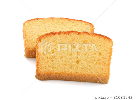 Butter cake sliced on white background 81031542