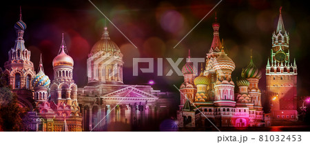 Collage panorama of the Red Square Moscow, and Saint Petersburg church of the savior on blood and Kazan cathedral at night, with bokeh colorful spots. Russia. 81032453