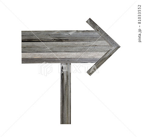 Old wooden signpost on white background. Arrow road sign, decrepit wood, ancient board 81033552