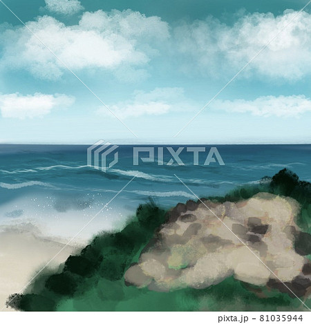 Hand drawn sketch with landscape. Watercolor drawn sketch with seascape. 81035944