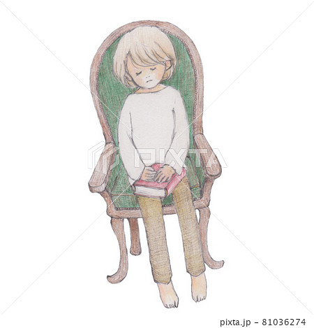 手描きイラスト、椅子に座って微睡んでいる本を持った人 81036274