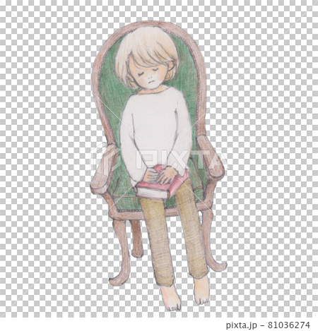 手描きイラスト、椅子に座って微睡んでいる本を持った人 81036274