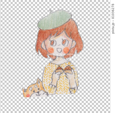 手描きイラスト、栗を持ったベレー帽をかぶった女の子と柴犬 81036278