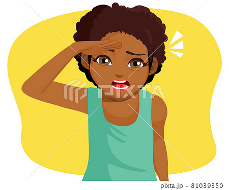 Portrait of curious afro black woman holding hand above eyes and peering into distance looking far away searching on horizon Portrait of curious afro black woman holding hand above eyes and peering into distance looking far away searching on horizon 81039350