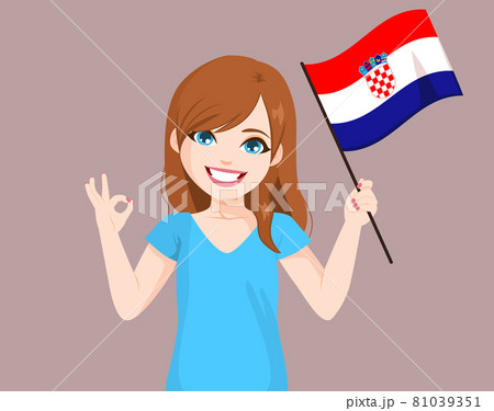 Young beautiful Croatian woman waving Croatia flag while making ok sign hand gesture and smiling Young beautiful Croatian woman waving Croatia flag while making ok sign hand gesture and smiling 81039351