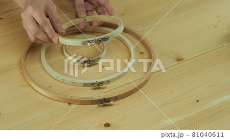 Woman hands and craft work. Embroider sewing by hand. Handicraft work by thread needle sew knit. Wood frame embroidery hoop. Needlework handicraft crafting quarantine leisure concept. 81040611