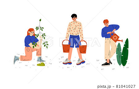 Man And Woman Working In Garden Watering And のイラスト素材