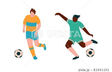 Young Man Playing Football or Soccer Moving the Ball Running Around Pitch Scoring Goals Vector Set 81041101
