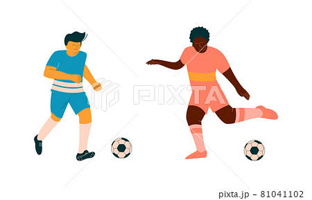 Young Man Playing Football or Soccer Moving the Ball Running Around Pitch Scoring Goals Vector Set 81041102