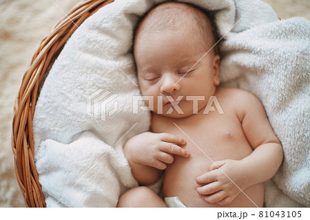 funny newborn baby is sleeping in a baby basket. funny newborn baby is sleeping in a baby basket. 81043105