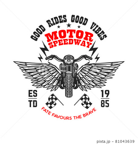 Motor speedway. Poster template with winged motorcycle. Design element for poster, flyer, card, banner. Vector illustration Motor speedway. Poster template with winged motorcycle. Design element for poster, flyer, card, banner. Vector illustration 81043639
