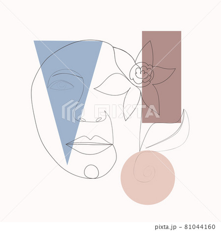 Female face one line drawing with minimal shapes, doodles, tropical leaves and flower. Abstract woman portrait illustration for fashion design 81044160