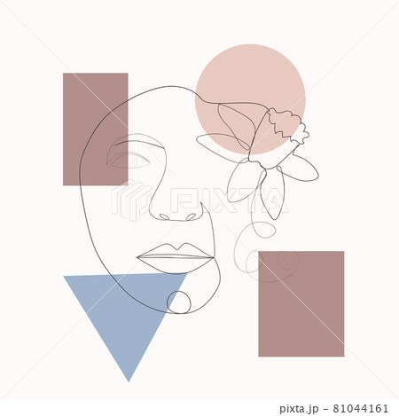 Female face one line drawing with minimal shapes, doodles, tropical leaves and flower. Abstract woman portrait illustration for fashion design 81044161
