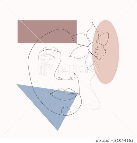 Female face one line drawing with minimal shapes, doodles, tropical leaves and flower. Abstract woman portrait illustration for fashion design 81044162
