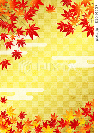 和紙水彩風紅葉と市松背景タテ 和紙水彩風紅葉と市松背景タテ 81044557