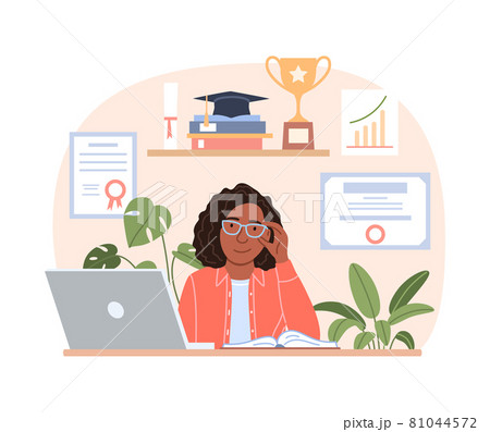 Successful smiling black woman portrait with laptop diploma trophy, graduation cap. Flat happy young African girl works on notebook in office. Professional career education concept  illustration 81044572