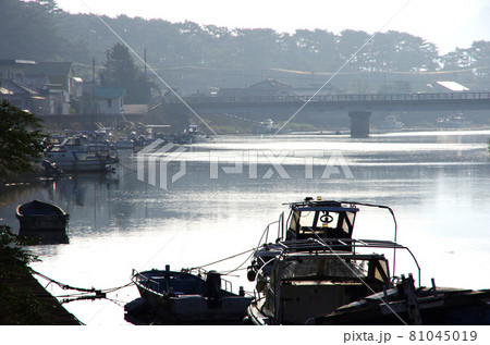 早朝の静寂な肝属川河口付近の風景 81045019
