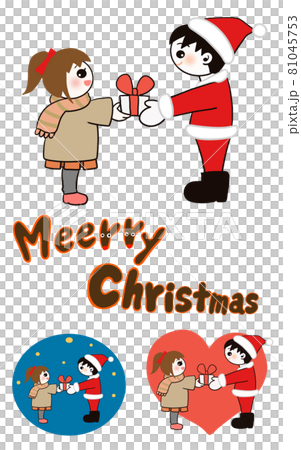 Illustration of a boy Santa Claus giving a Christmas present to a girl 81045753