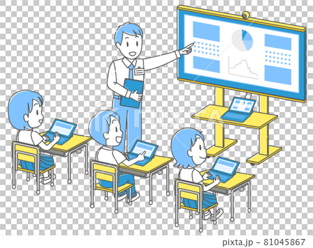 Children listening to the teacher's explanation in a class using a tablet Children listening to the teacher's explanation in a class using a tablet 81045867