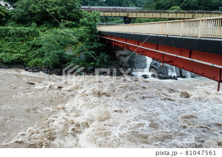 大雨で増水した川 大雨で増水した川 81047561