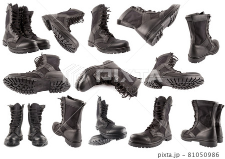 set of new black lightweight military boots isolated on white background, in different views 81050986