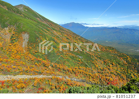 長野県木曽郡木曽町 御嶽山登山道からの紅葉と山々の景色 長野県木曽郡木曽町 御嶽山登山道からの紅葉と山々の景色 81051237