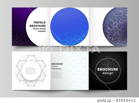 Vector layout of square format covers design templates for trifold brochure. Digital technology and big data concept with hexagons, connecting dots and lines, polygonal science medical background. Vector layout of square format covers design templates for trifold brochure. Digital technology and big data concept with hexagons, connecting dots and lines, polygonal science medical background. 81054411