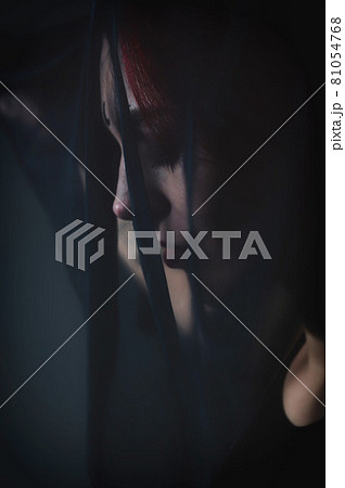 Profile of a woman in a black veil. Costume Dead bride for Halloween. Portrait of an evil grinning Witch in front of a coven. Profile of a woman in a black veil. Costume Dead bride for Halloween. Portrait of an evil grinning Witch in front of a coven. 81054768