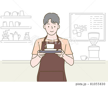 Coffee Business Concept. Boy is barista making coffee and serving of hot coffee in cafe. Hand drawn in thin line style, vector illustrations. 81055830