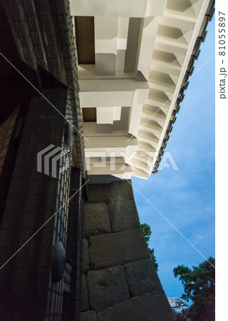 「黄昏の小田原城」　午後6時40分ごろ夜間照明の開始と共に白壁の天守閣、重厚な常盤門が浮かび上がった 81055897