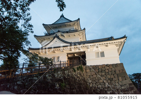 「黄昏の小田原城」　午後6時40分ごろ夜間照明の開始と共に白壁の天守閣、重厚な常盤門が浮かび上がった 81055915