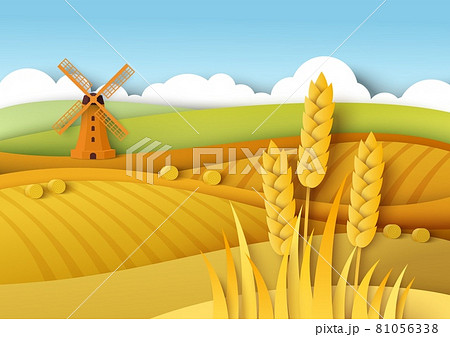 Rural landscape. Wheat fields, windmill, vector paper cut illustration. Field crop, farming, agriculture. Harvest season Rural landscape. Wheat fields, windmill, vector paper cut illustration. Field crop, farming, agriculture. Harvest season 81056338